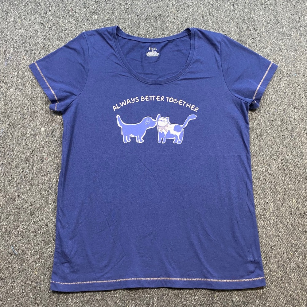 Hue Always Better Together Shirt Sz M Womens Navy Blue Dog Cat Graphic Sleep Top